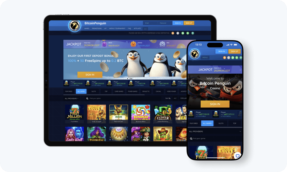 Bitcoin Penguin Casino interface displayed on a tablet and smartphone