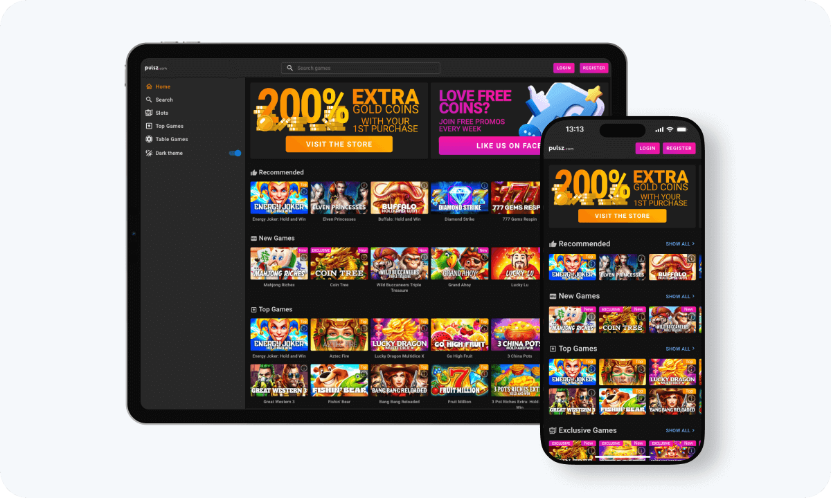 Pulsz Casino interface displayed on a tablet and smartphone