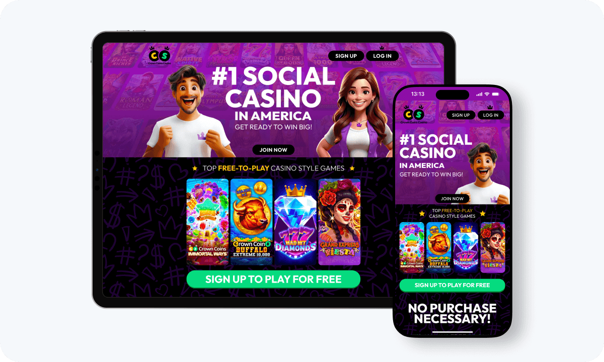 Crown Coins Casino interface displayed on a tablet and smartphone