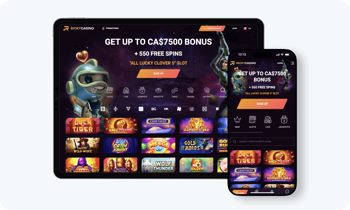 Rickycasino Rickycasino interface displayed on a tablet and smartphone