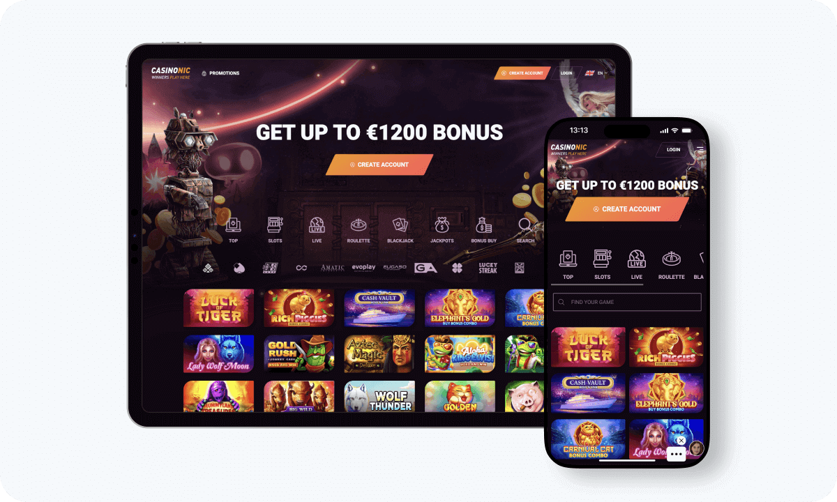 Casinonic interface displayed on a tablet and smartphone