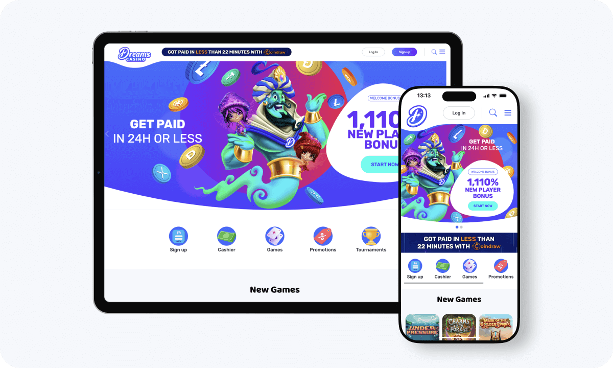 Dreams casino interface displayed on a tablet and smartphone