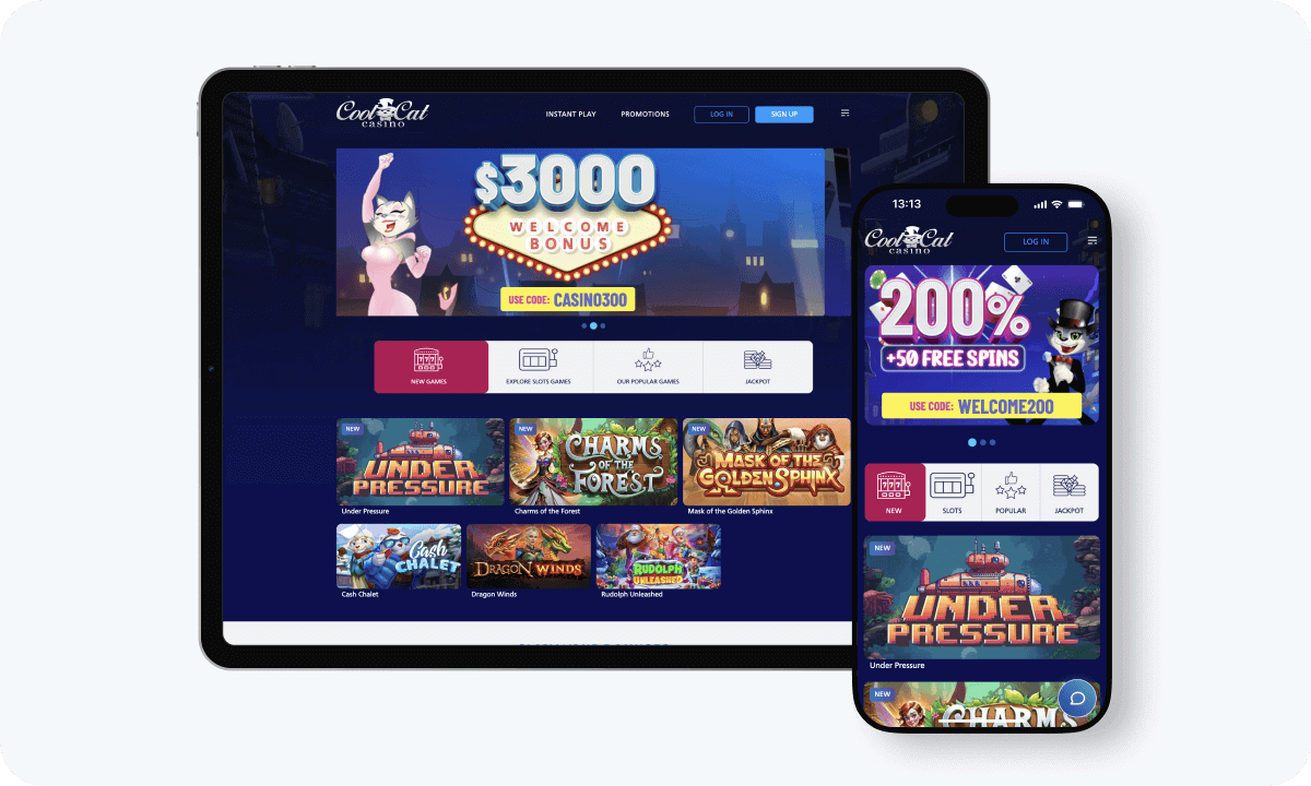 Cool Cat Casino interface displayed on a tablet and smartphone