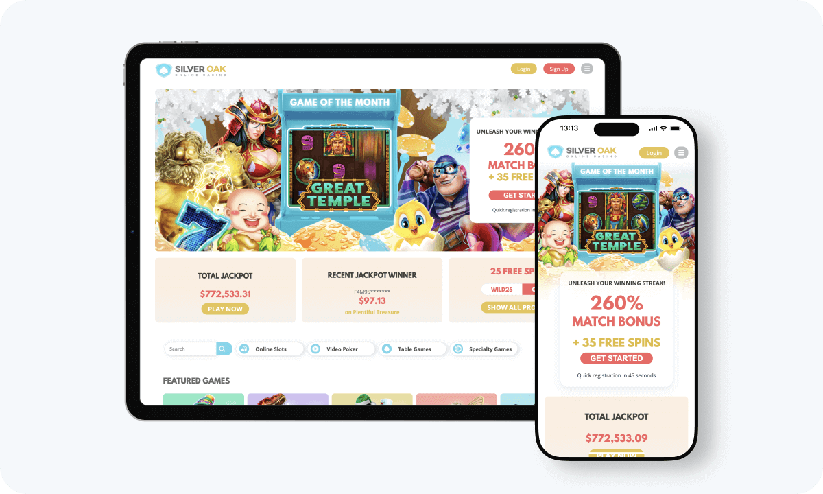 Silver Oak Casino interface displayed on a tablet and smartphone