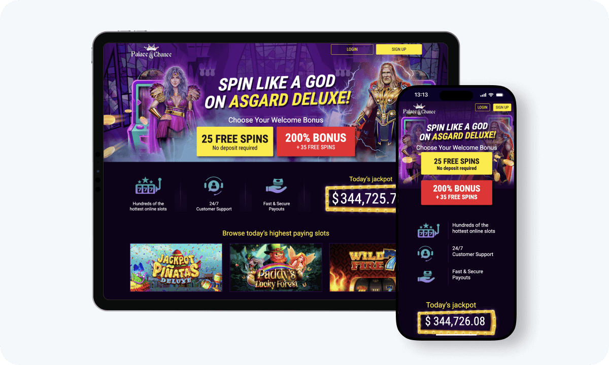 Palace of Chance casino interface displayed on a tablet and smartphone