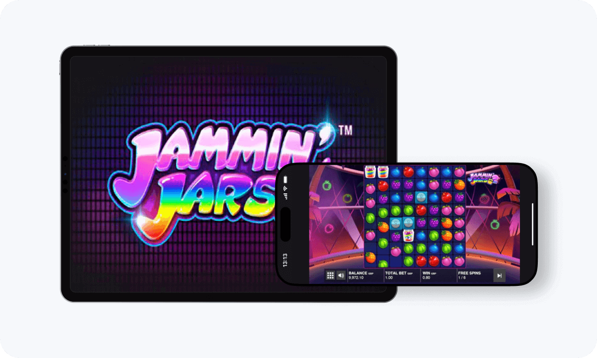Jammin’ Jars slot interface and logo on tablet and smartphone