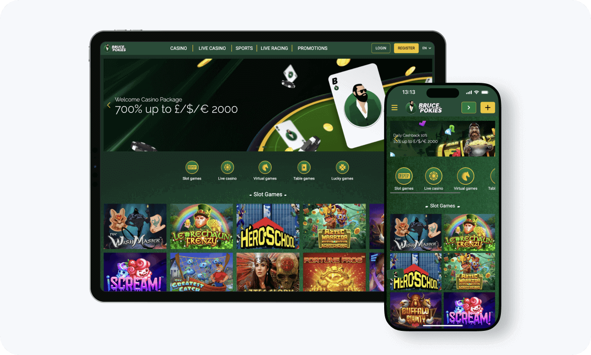 BrucePokies Casino interface displayed on a tablet and smartphone