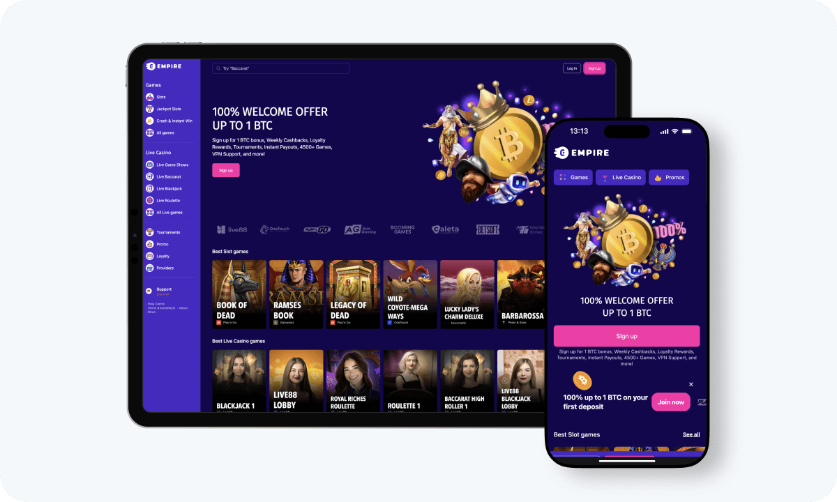 Empire Casino interface displayed on a tablet and smartphone