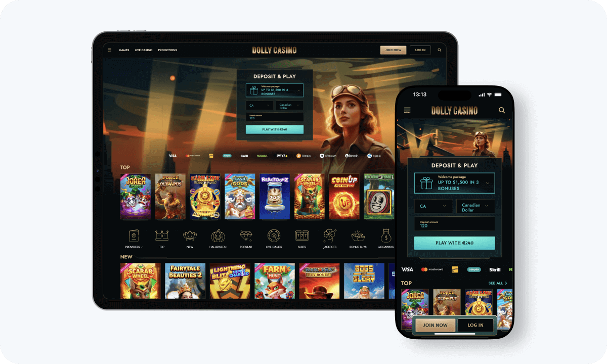 Dolly Casino interface displayed on a tablet and smartphone