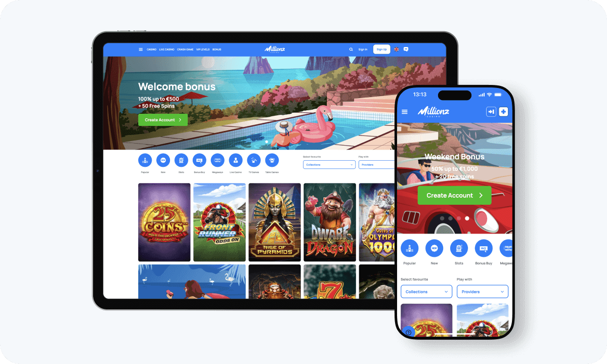 Millionz Casino Millionz Casino interface displayed on a tablet and smartphone