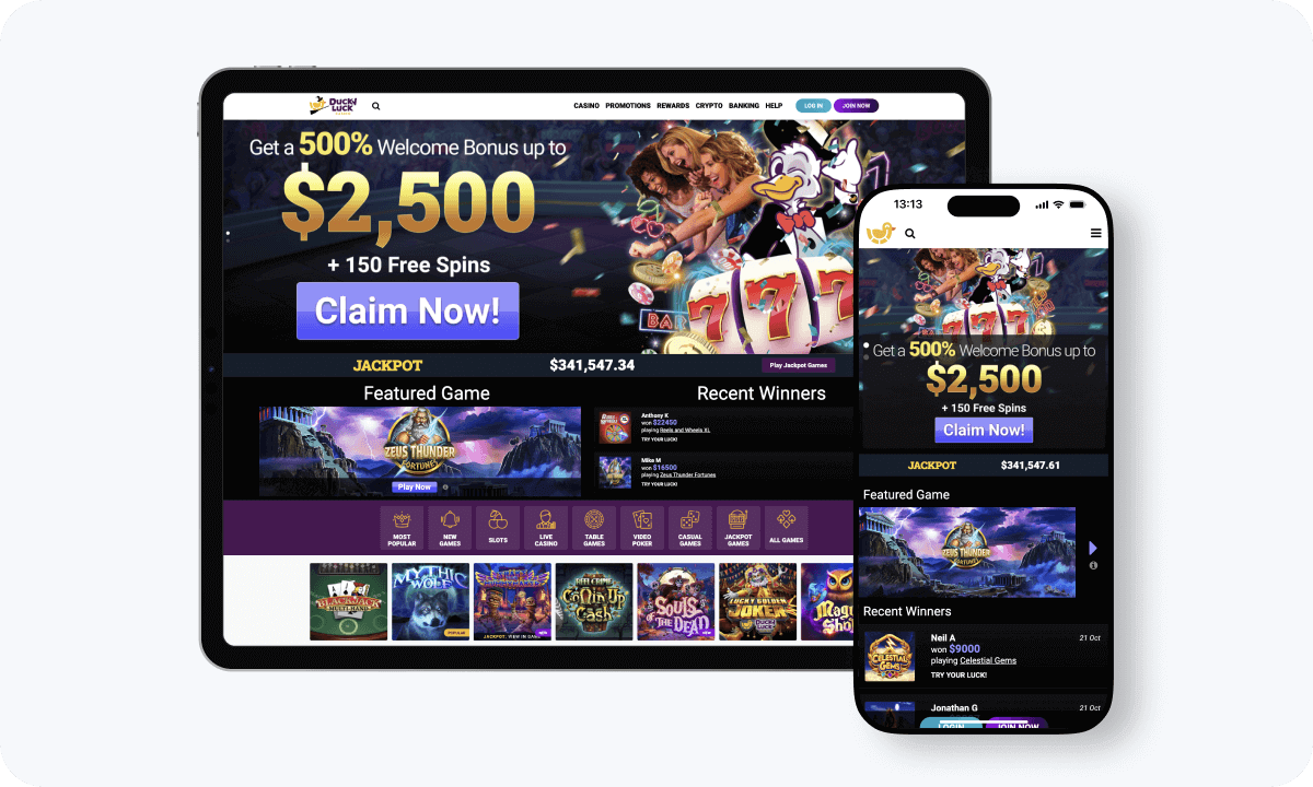 DuckyLuck Casino interface displayed on a tablet and smartphone