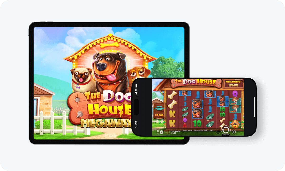 The Dog House Megaways slot interface and logo on tablet and smartphone