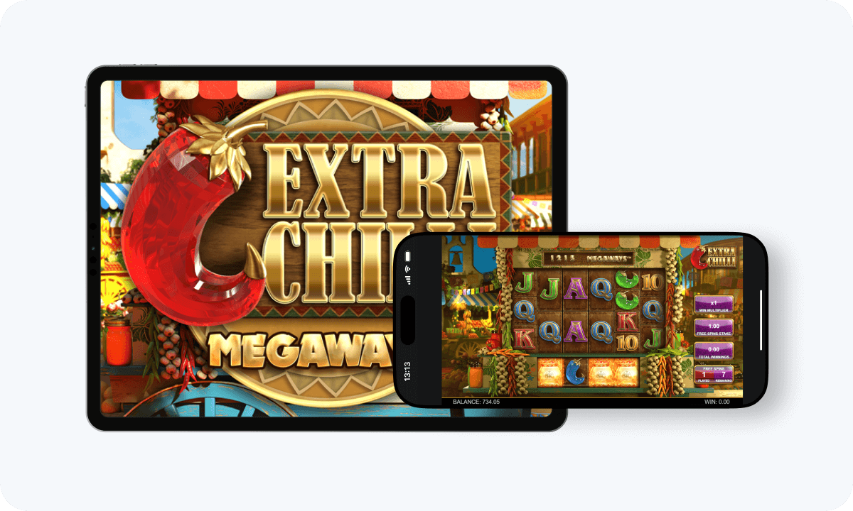 Extra Chilli Megaways slot interface and logo on tablet and smartphone