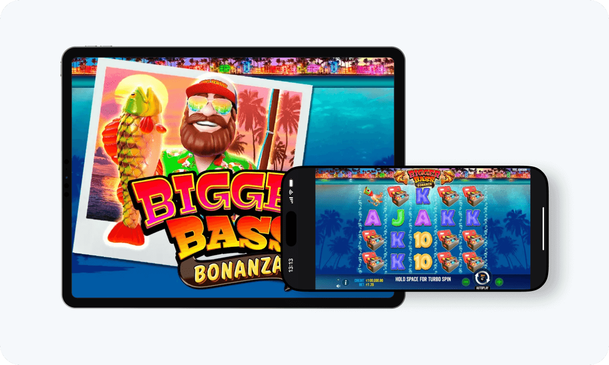 Bigger Bass Bonanza slot interface Bigger Bass Bonanza slot interface and logo on tablet and smartphone