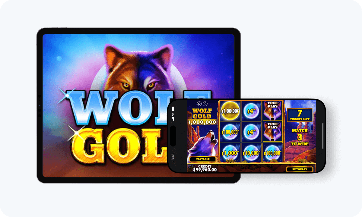 Wolf Gold slot interface and logo on tablet and smartphone