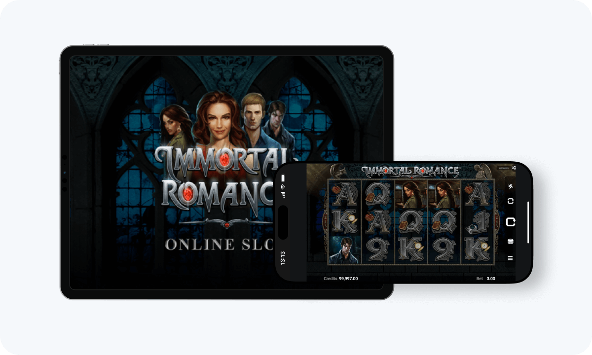 Immortal Romance slot interface Immortal Romance slot interface and logo on tablet and smartphone