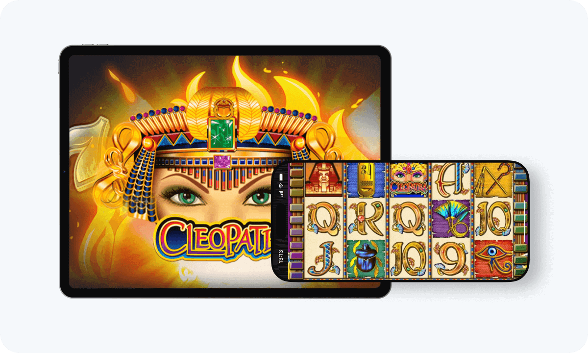 Cleopatra slot interface and logo on tablet and smartphone