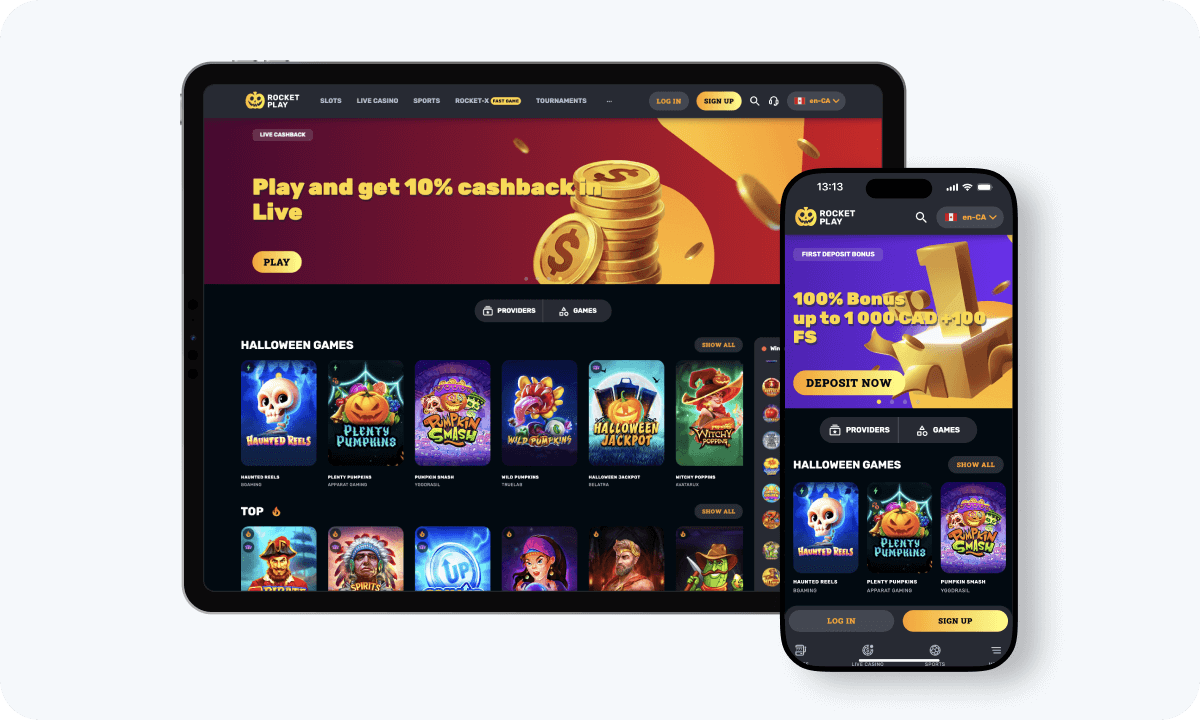 RocketPlay Casino interface displayed on a tablet and smartphone