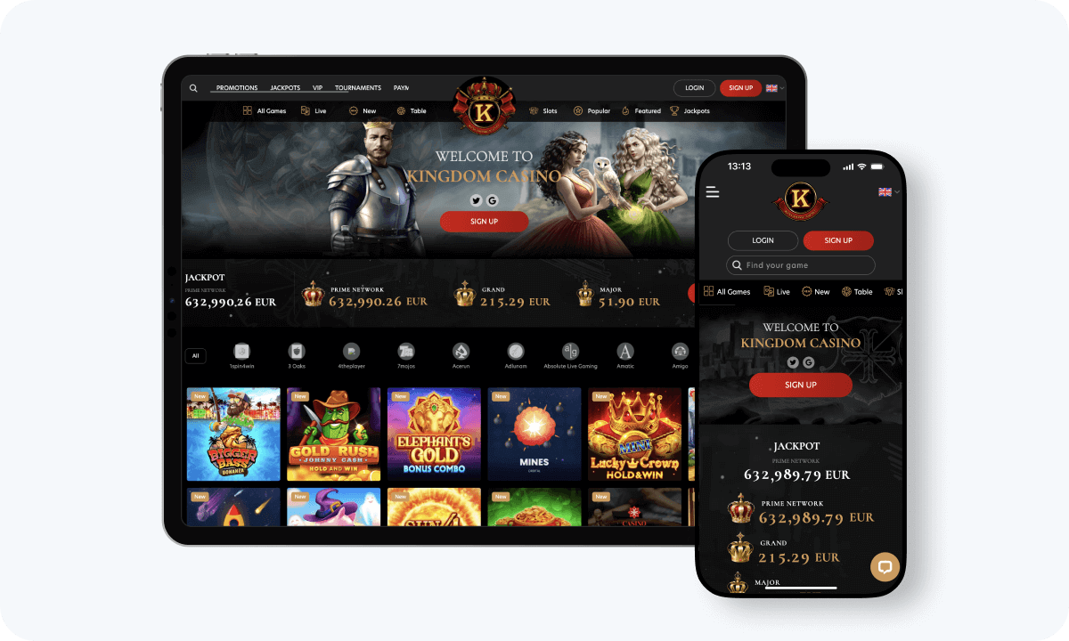 Kingdom Casino interface displayed on a tablet and smartphone