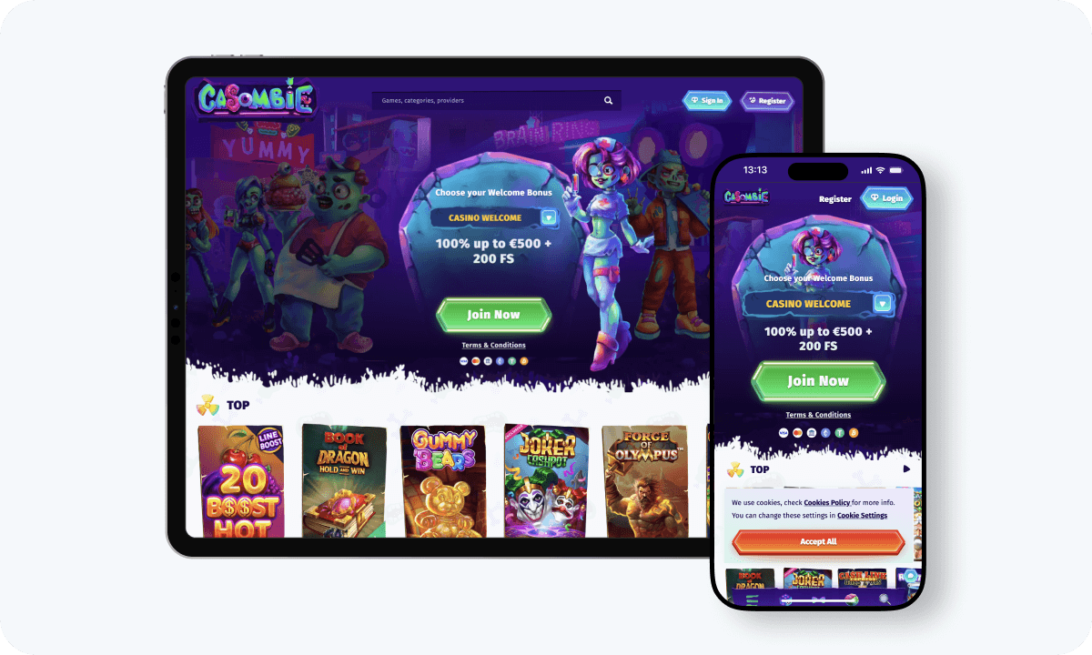 Casombie Casino interface displayed on a tablet and smartphone