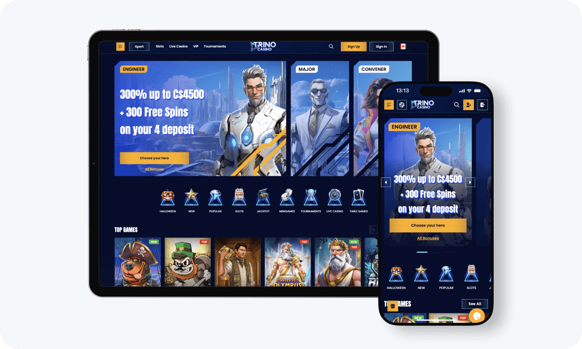 Trino Casino interface displayed on a tablet and smartphone