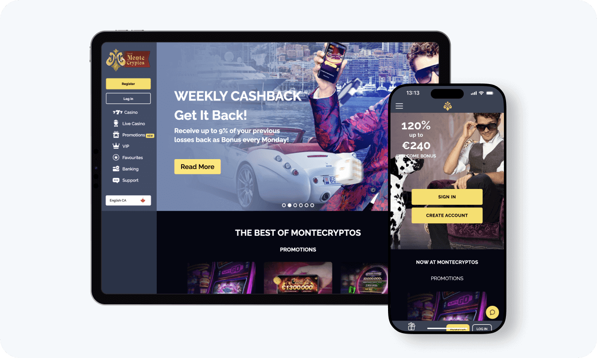 MonteCryptos Casino interface displayed on a tablet and smartphone
