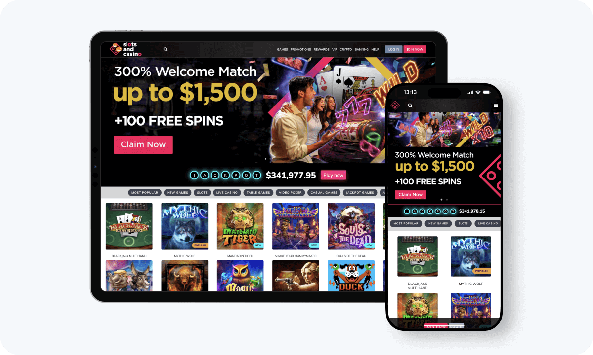 Slotsand Casino interface displayed on a tablet and smartphone