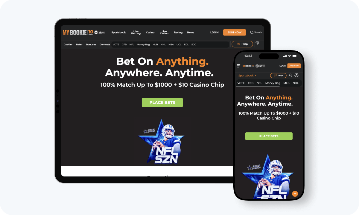 MyBookie MyBookie interface displayed on a tablet and smartphone
