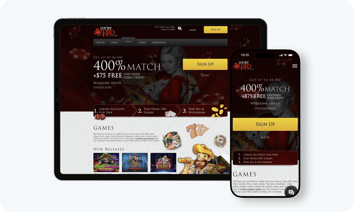 Lucky Red Casino Lucky Red Casino interface displayed on a tablet and smartphone