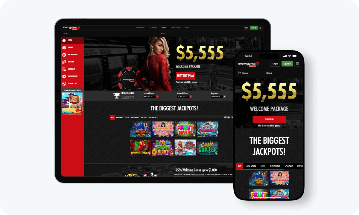 Everygame Casino interface displayed on a tablet and smartphone