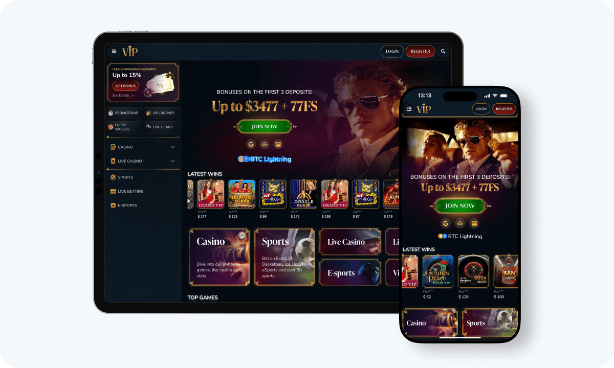 Vipcasino interface displayed on a tablet and smartphone