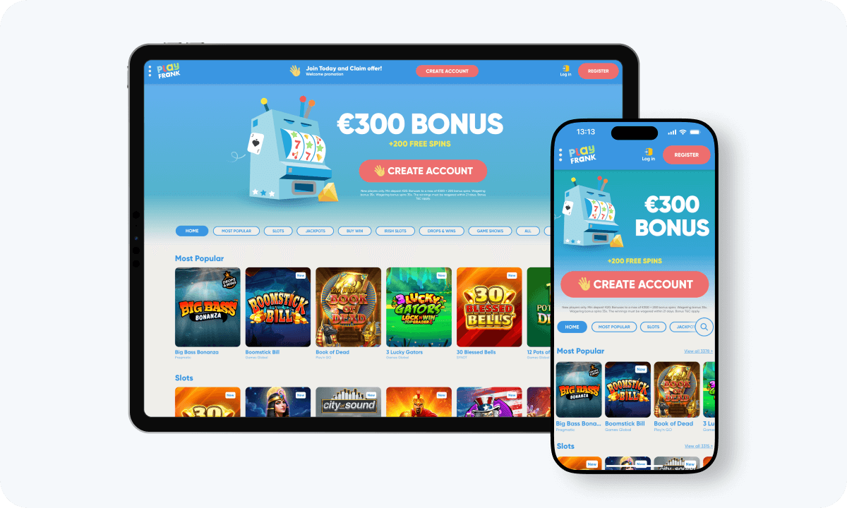 PlayFrank Casino interface displayed on a tablet and smartphone