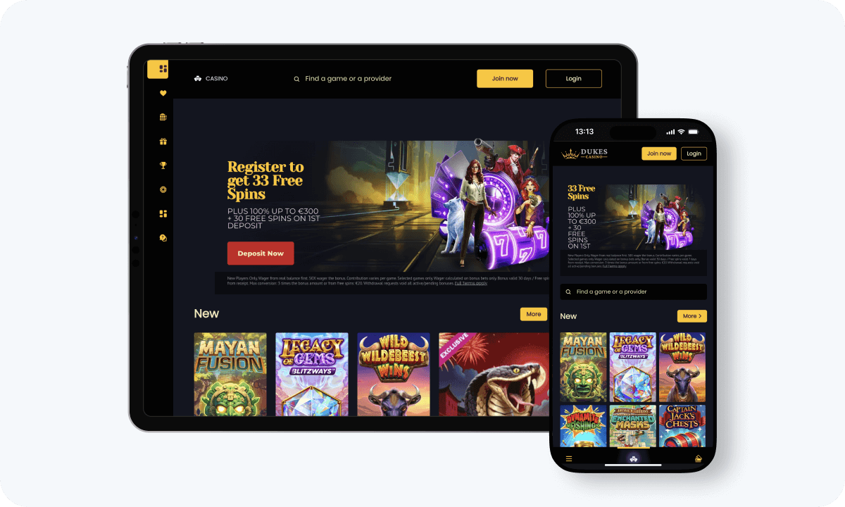 Dukes Casino interface displayed on a tablet and smartphone