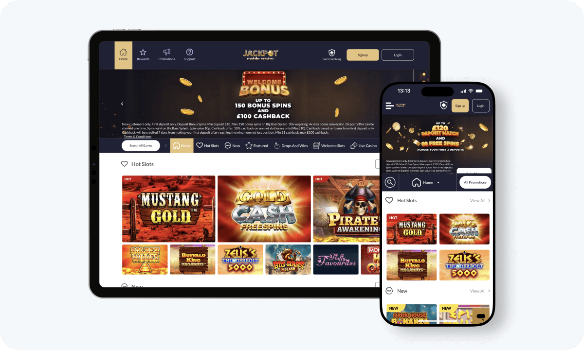 Jackpot Mobile Casino interface displayed on a tablet and smartphone