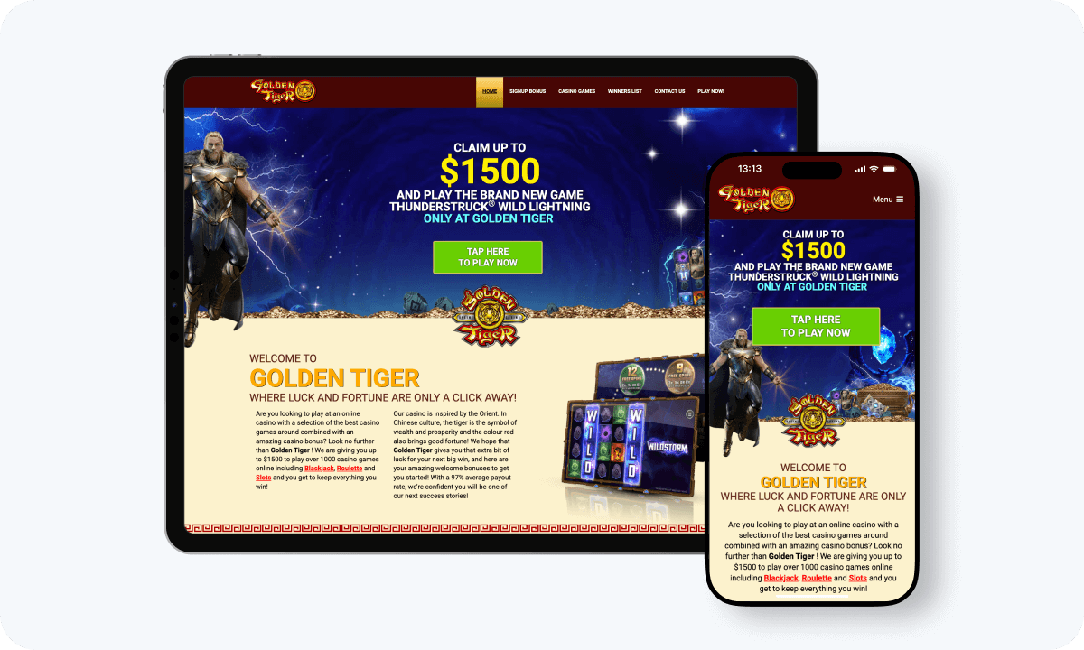 Golden Tiger Casino interface displayed on a tablet and smartphone
