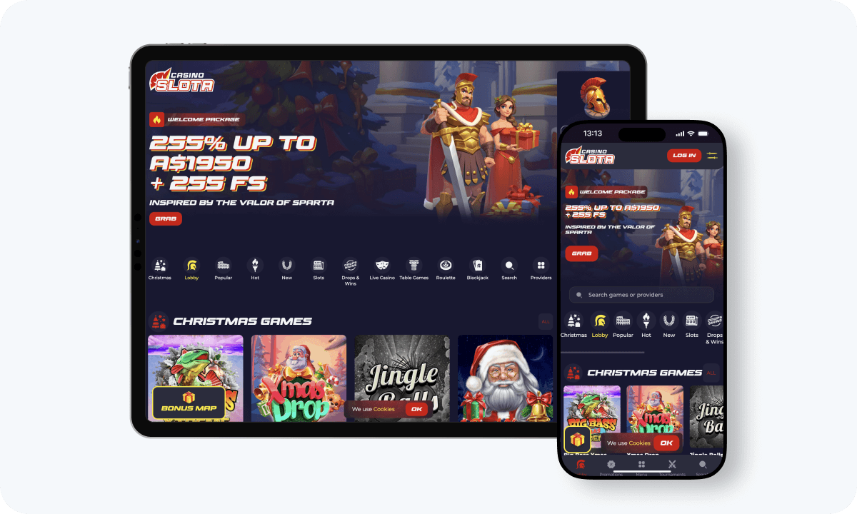 Slota Casino interface displayed on a tablet and smartphone