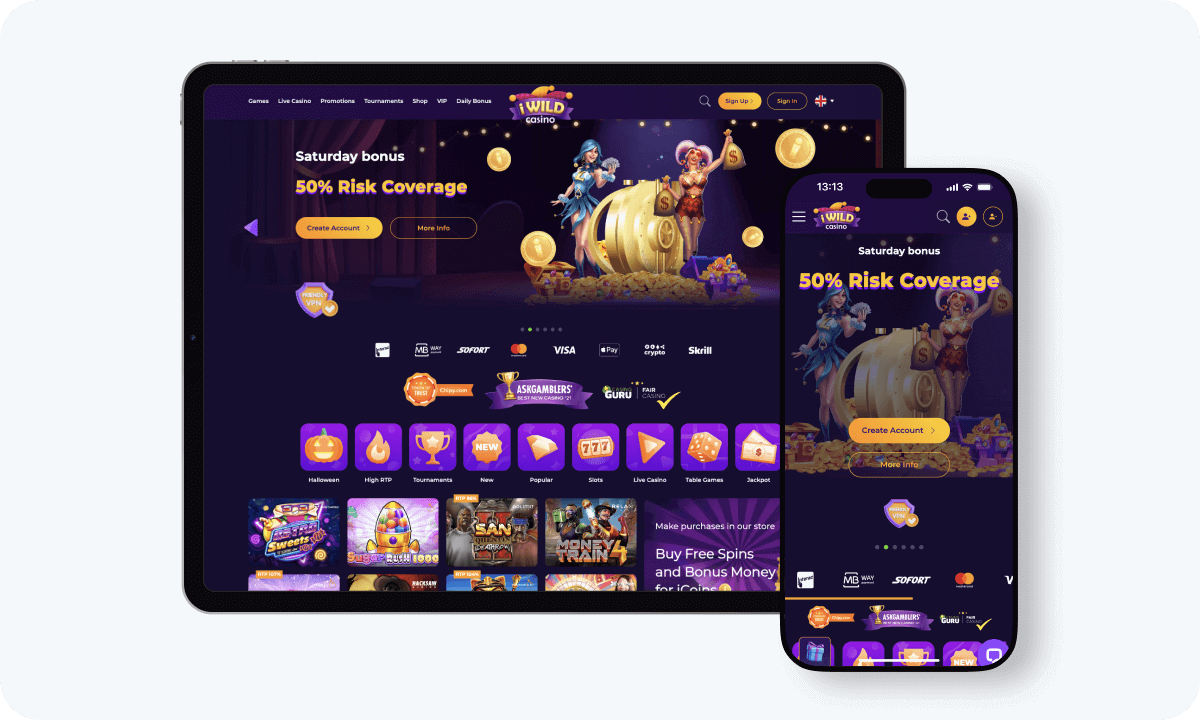 iWildCasino interface displayed on a tablet and smartphone