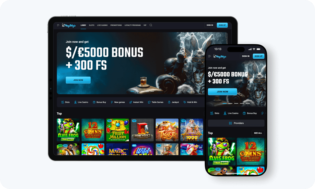 PlayMojo Casino interface displayed on a tablet and smartphone