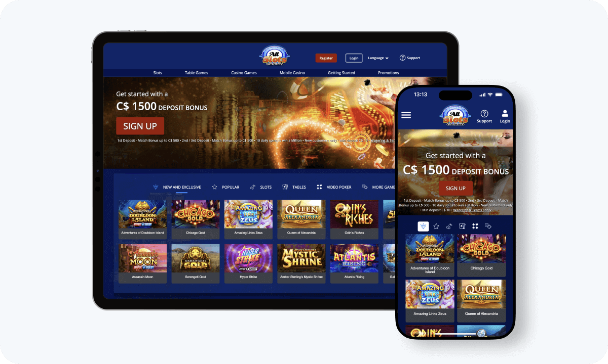 All Slots Casino interface displayed on a tablet and smartphone