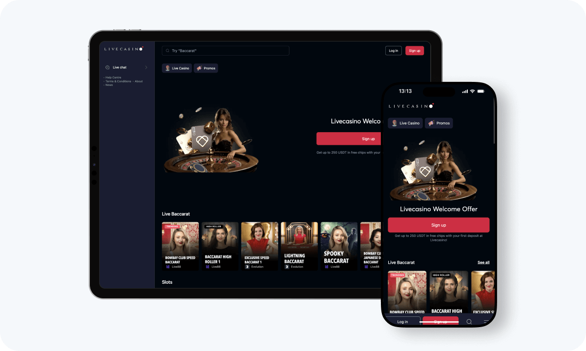 Livecasino.io interface displayed on a tablet and smartphone