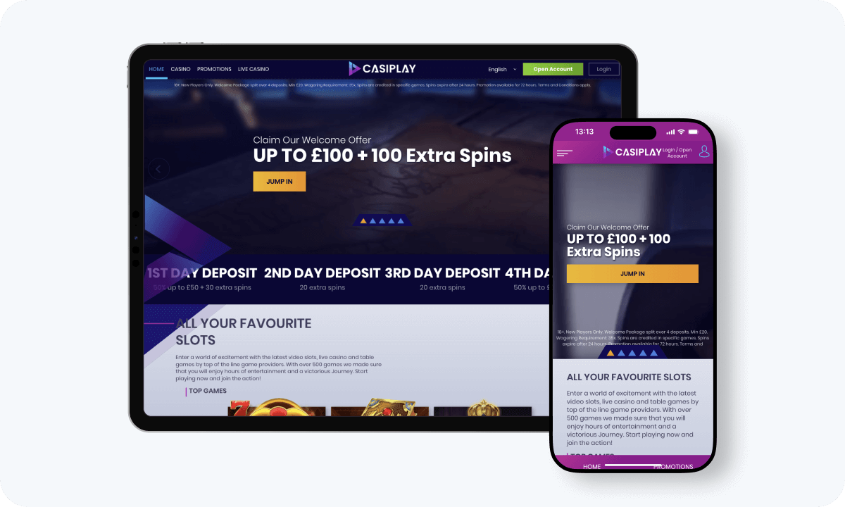 Casiplay interface displayed on a tablet and smartphone