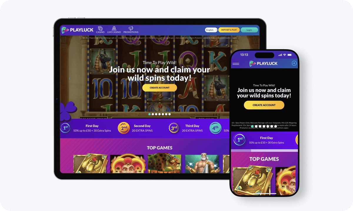 Playluck Casino interface displayed on a tablet and smartphone