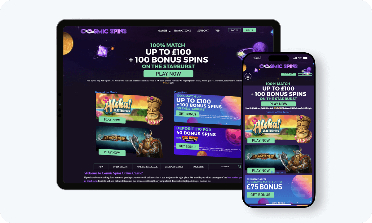 Cosmic Spins Casino interface displayed on a tablet and smartphone