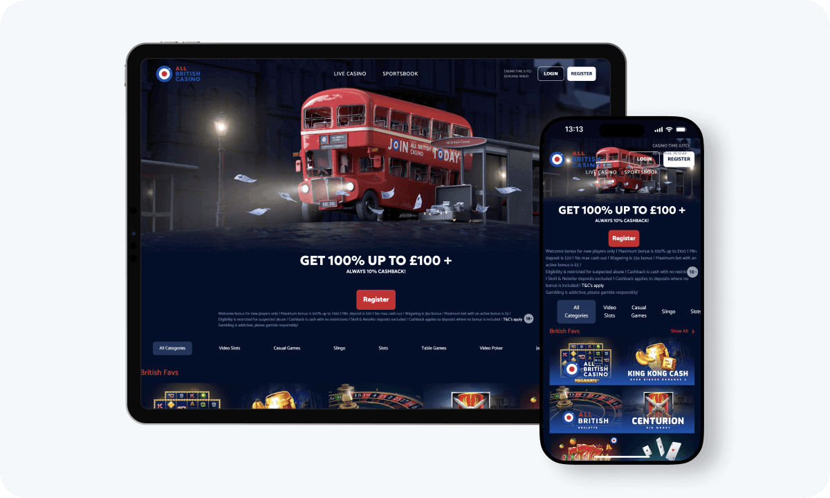 All British Casino interface displayed on a tablet and smartphone