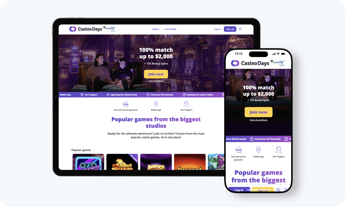 CasinoDays interface displayed on a tablet and smartphone
