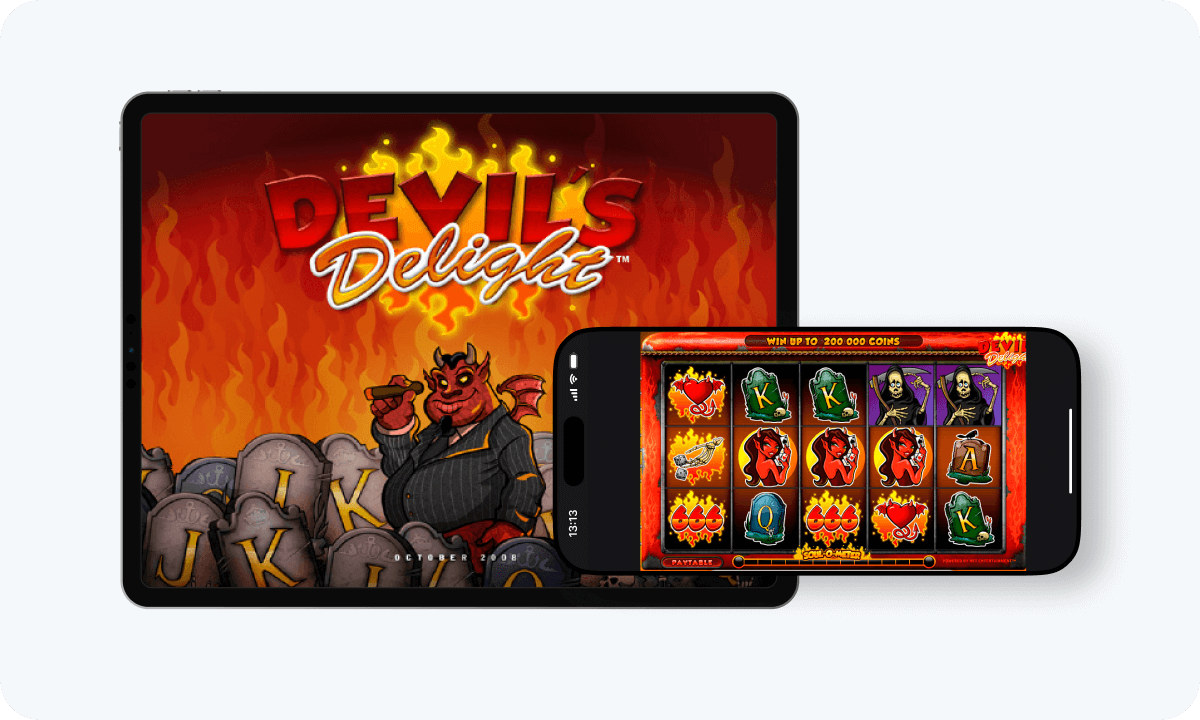 Devils Delight slot interface and logo on tablet and smartphone