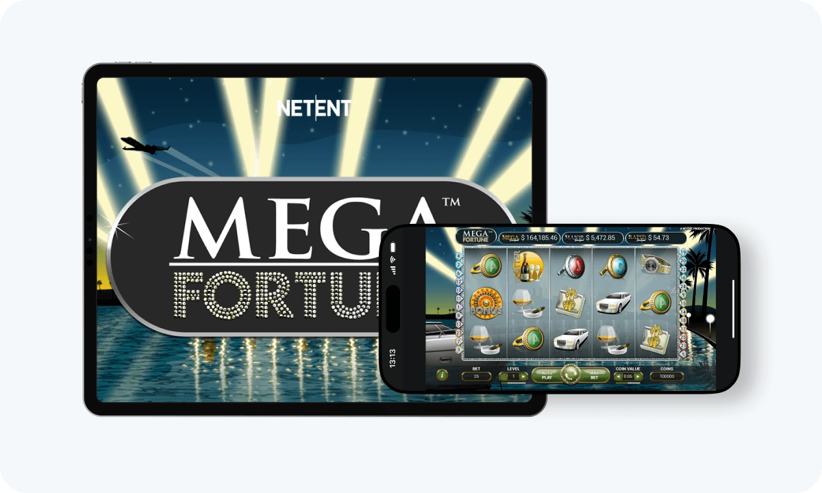 Mega Fortune slot interface and logo on tablet and smartphone