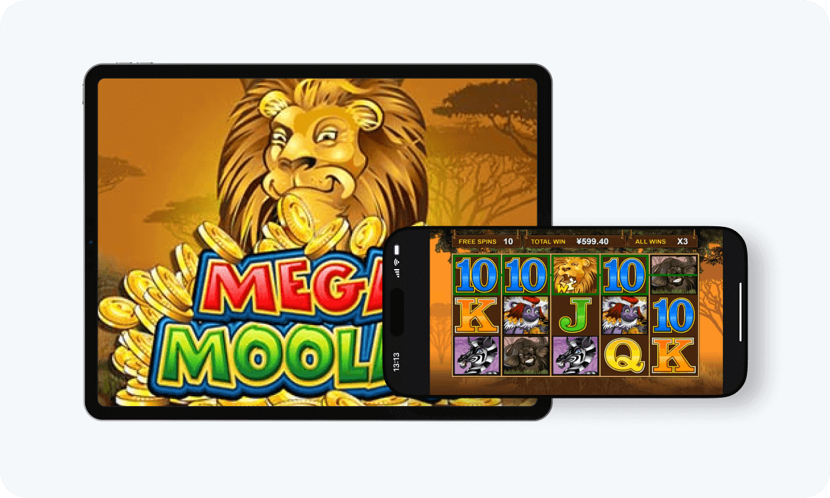 Mega Moolah slot interface and logo on tablet and smartphone