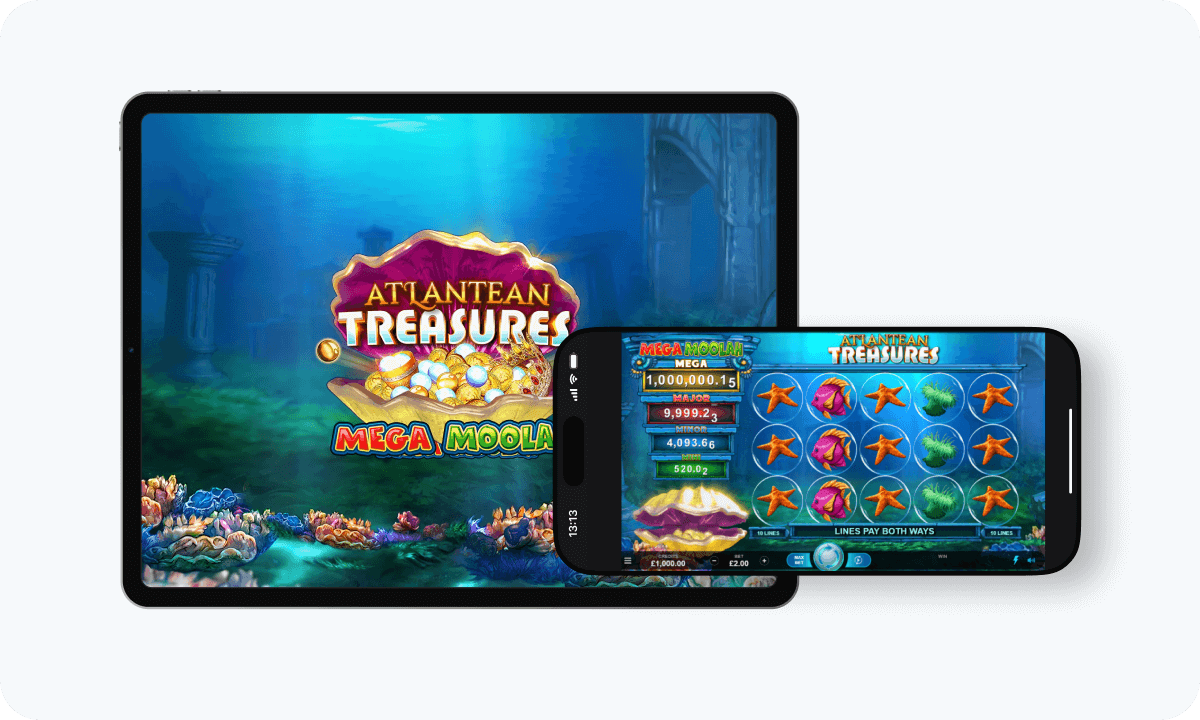 Atlantis Treasures slot interface and logo on tablet and smartphone