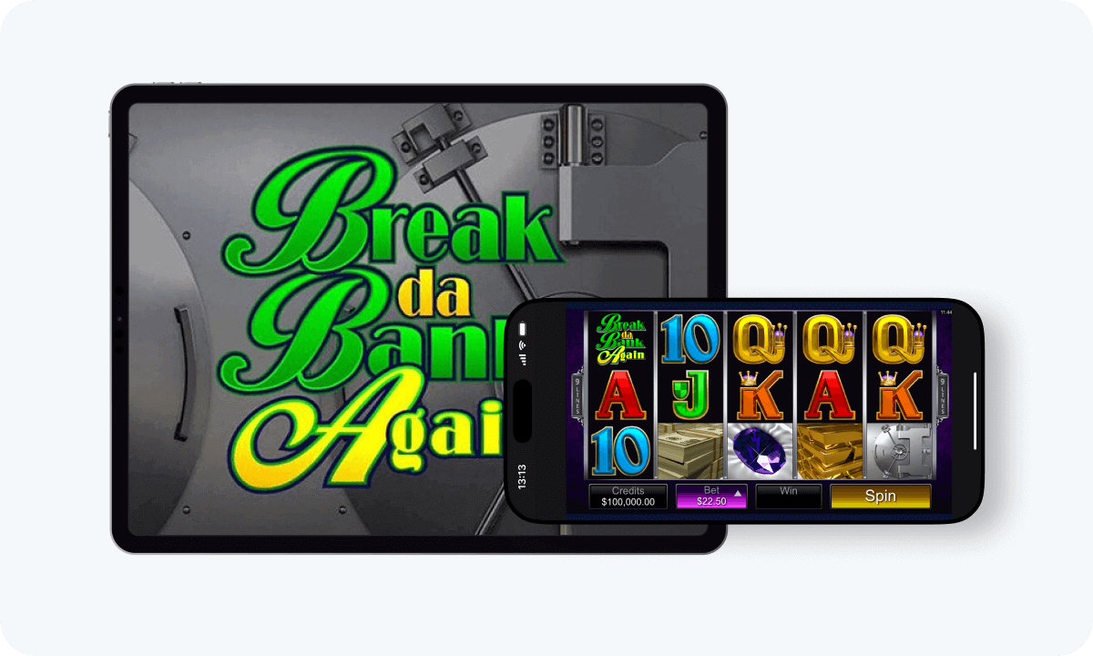 Break Da Bank Again slot interface and logo on tablet and smartphone